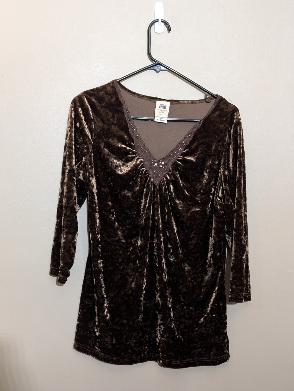VTG Faded Glory y2k women Lrg brown Velvet Burnout babydoll blouse fairy grunge